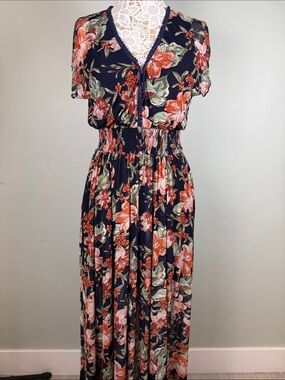 Enfocus Studio Smocked Waist Navy Coral Floral Flowy Chiffon Maxi Dress Size 8